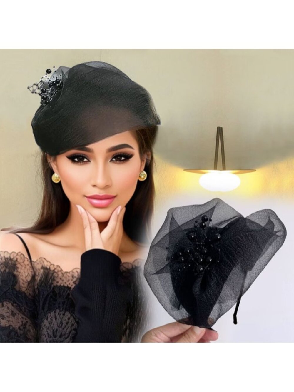 Women Half Cap Headband High Quality Gauze Bead Hair Additions Retro Black New